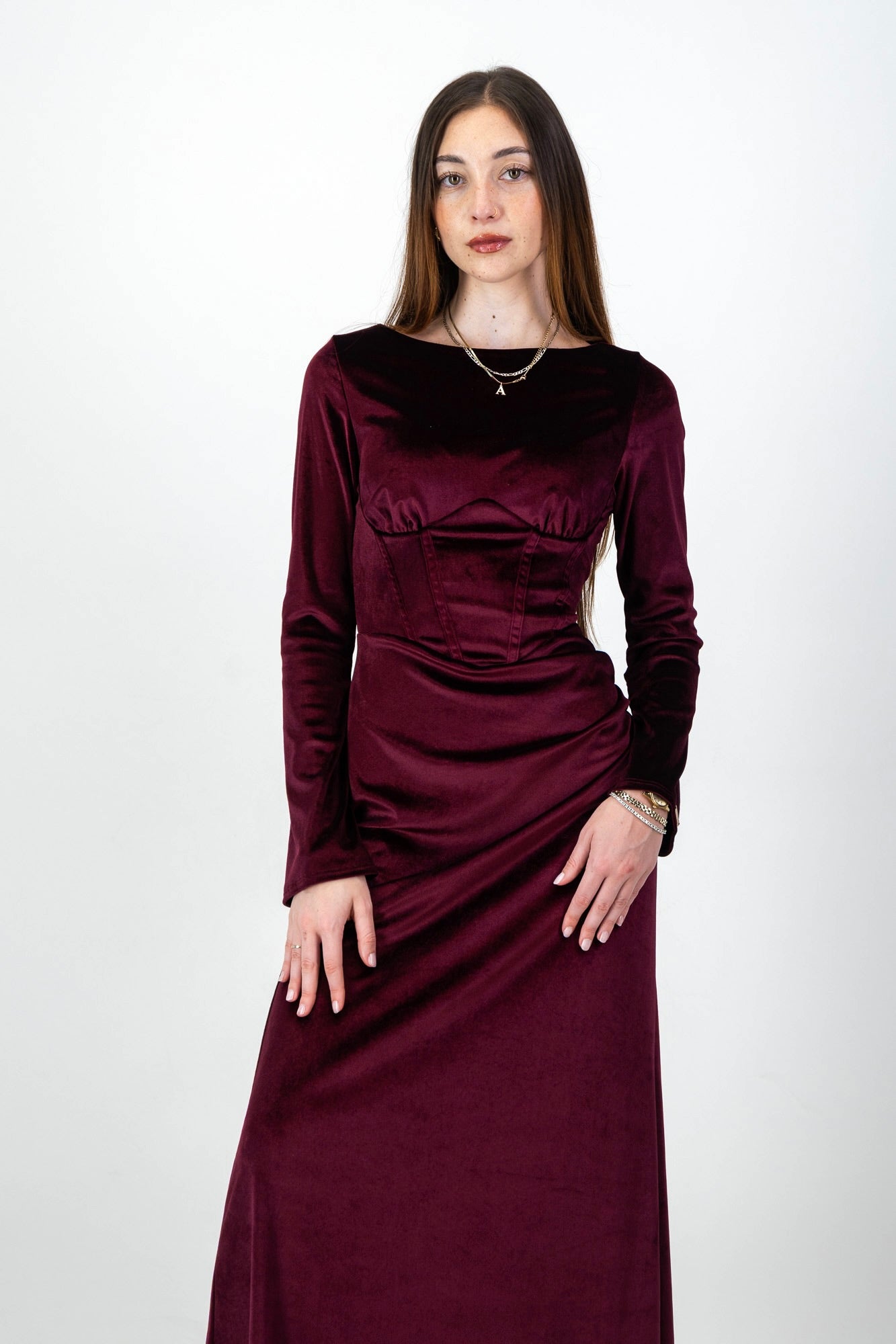 MIRA velvet Dress in Burgundy