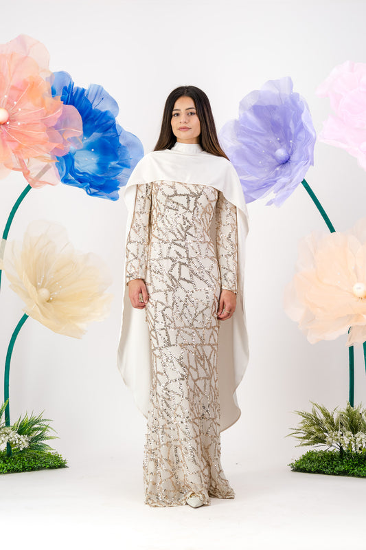 Siara Sequin Maxi with cape - Pearl