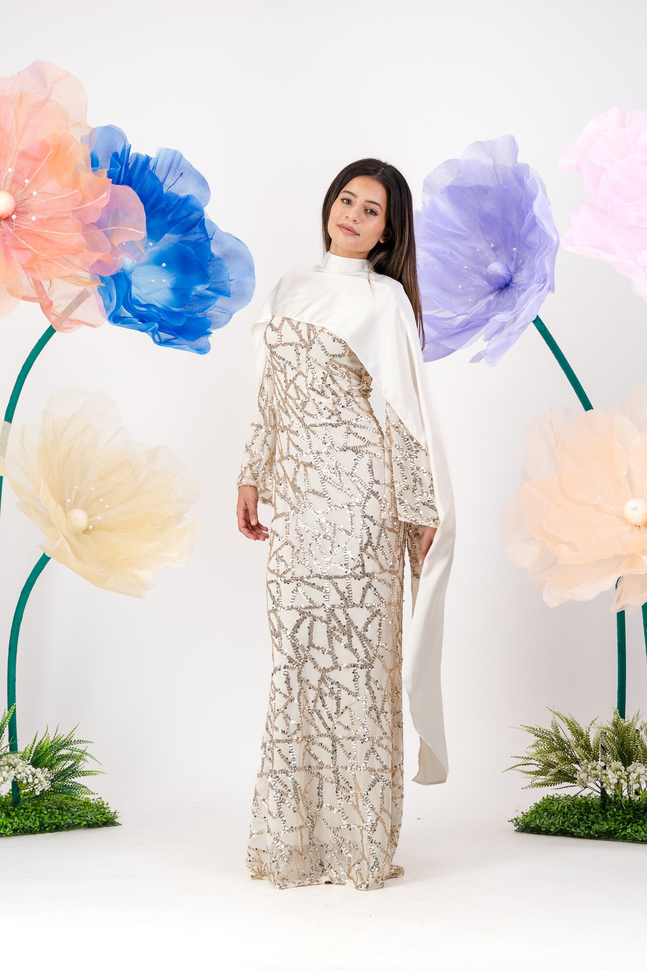 Siara Sequin Maxi with cape - Pearl