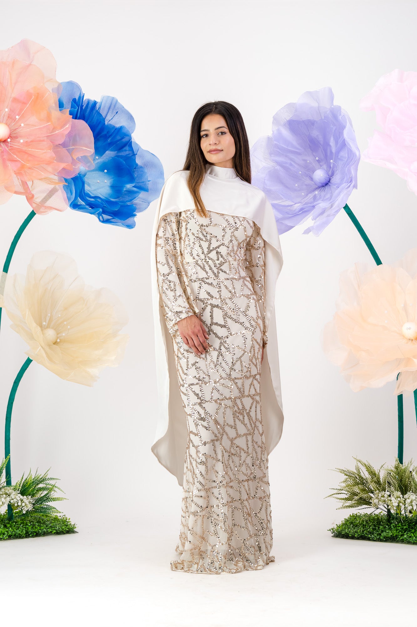 Siara Sequin Maxi with cape - Pearl