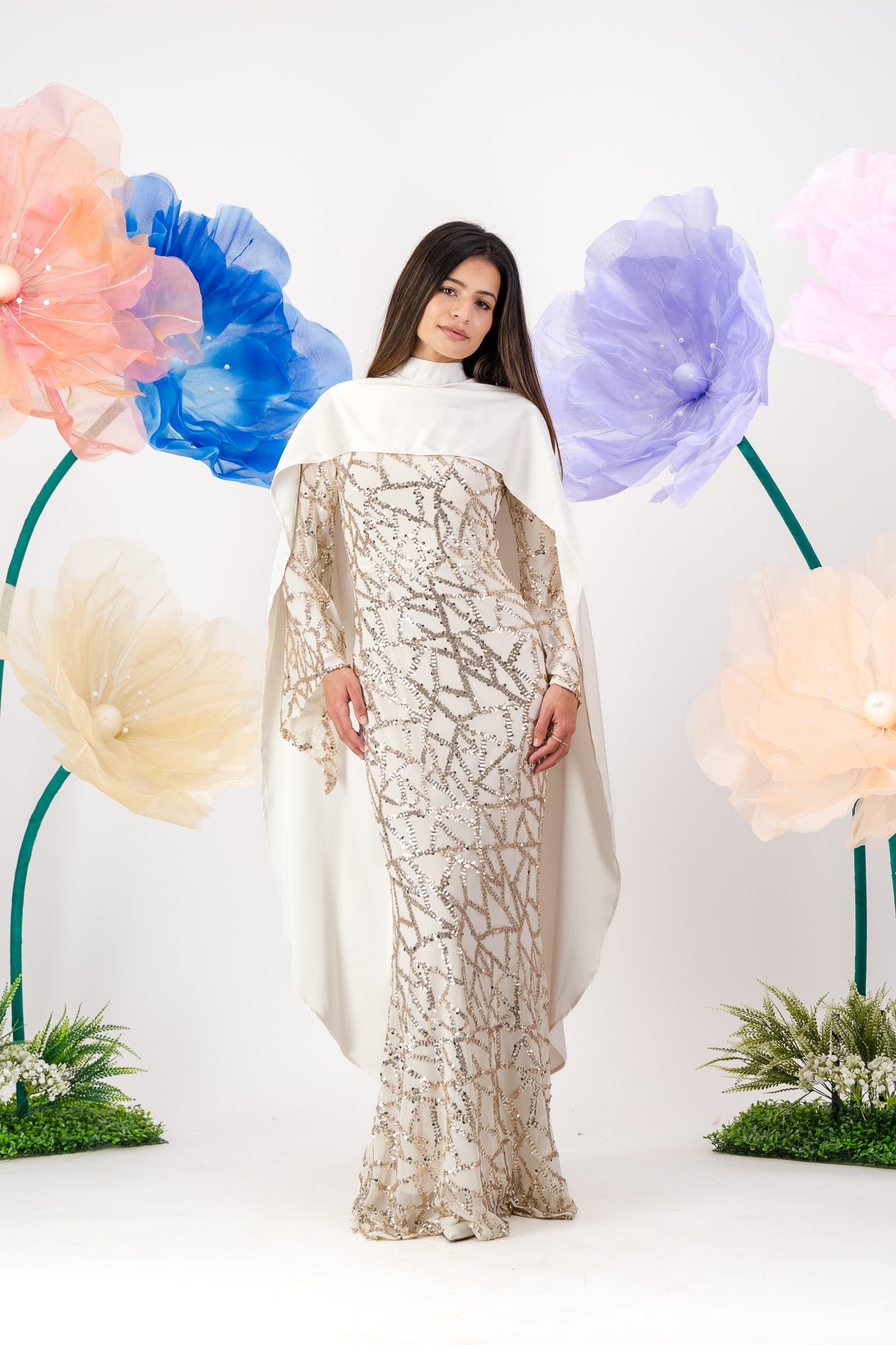 Siara Sequin Maxi with cape - Pearl