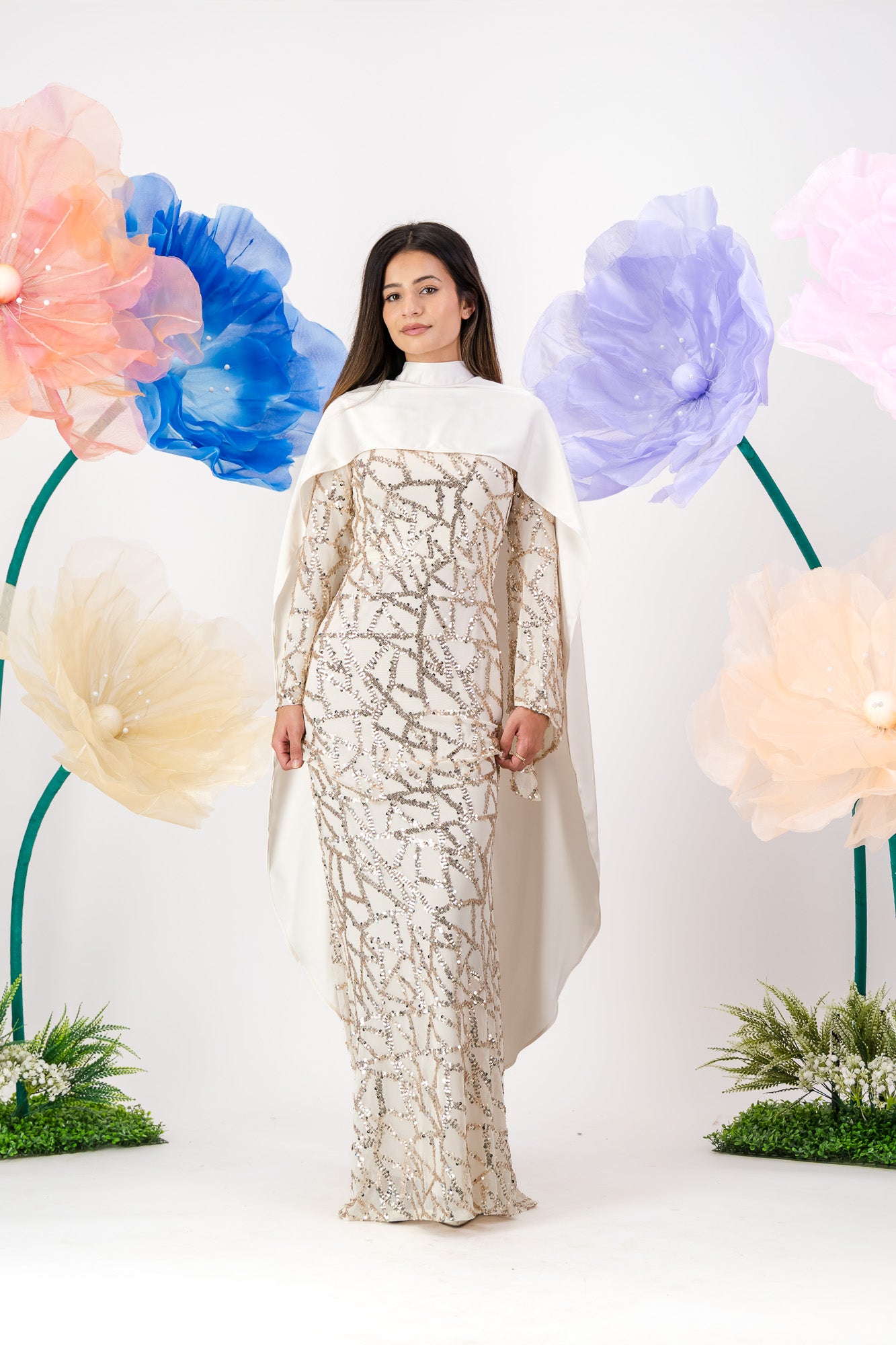 Siara Sequin Maxi with cape - Pearl