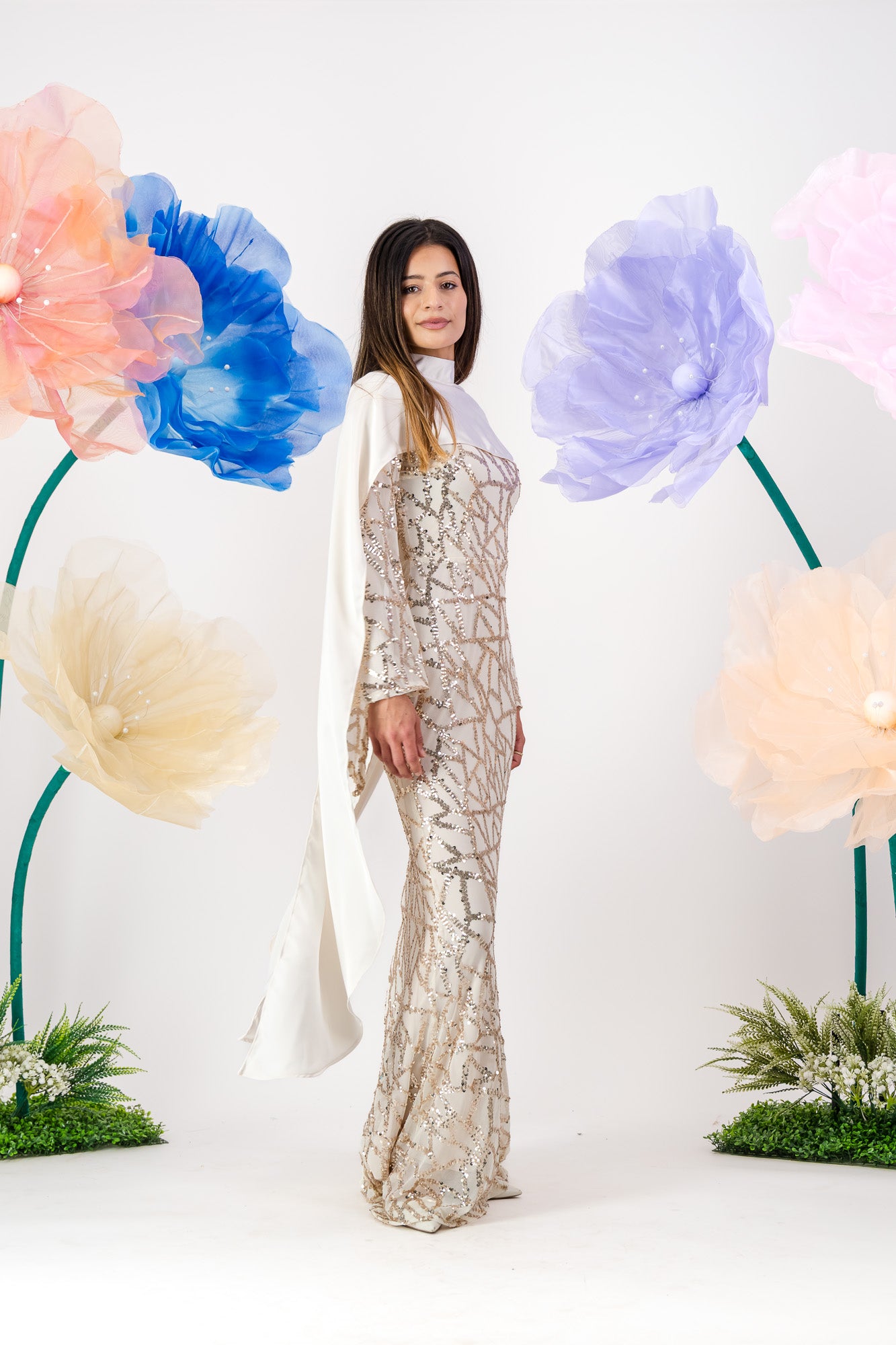 Siara Sequin Maxi with cape - Pearl