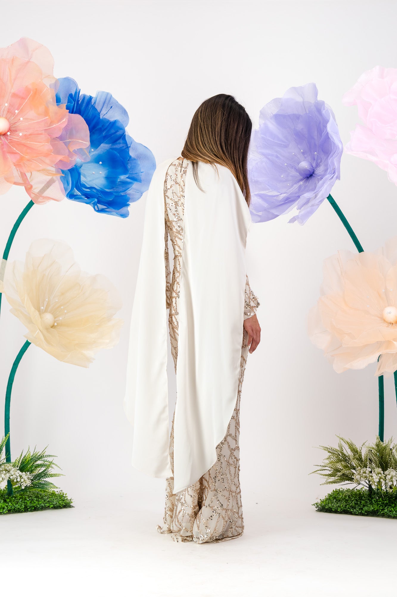 Siara Sequin Maxi with cape - Pearl