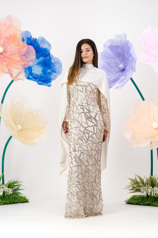 Siara Sequin Maxi with cape - Pearl