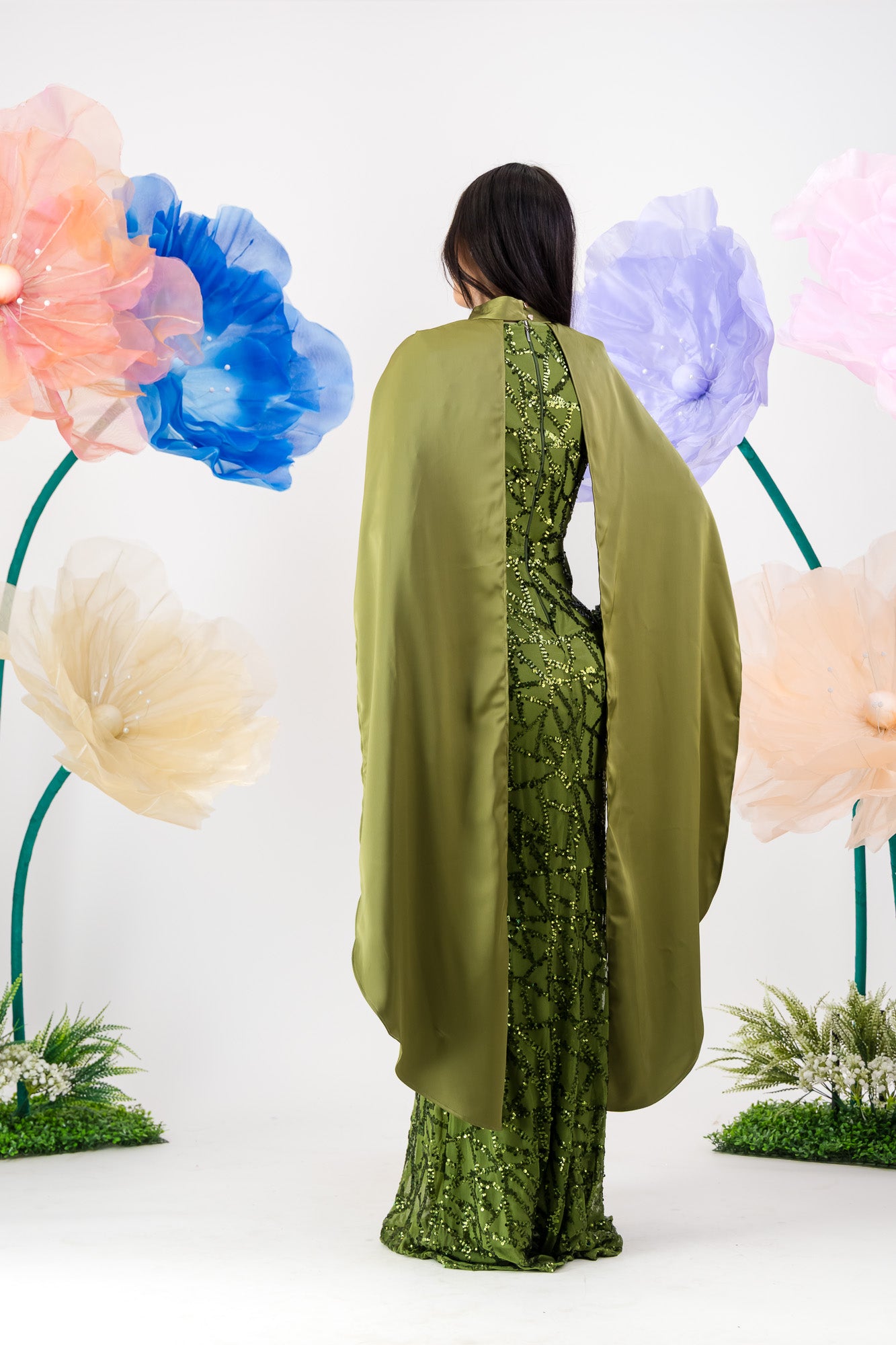 Siara Sequin Maxi Dress with cape - Pistachio