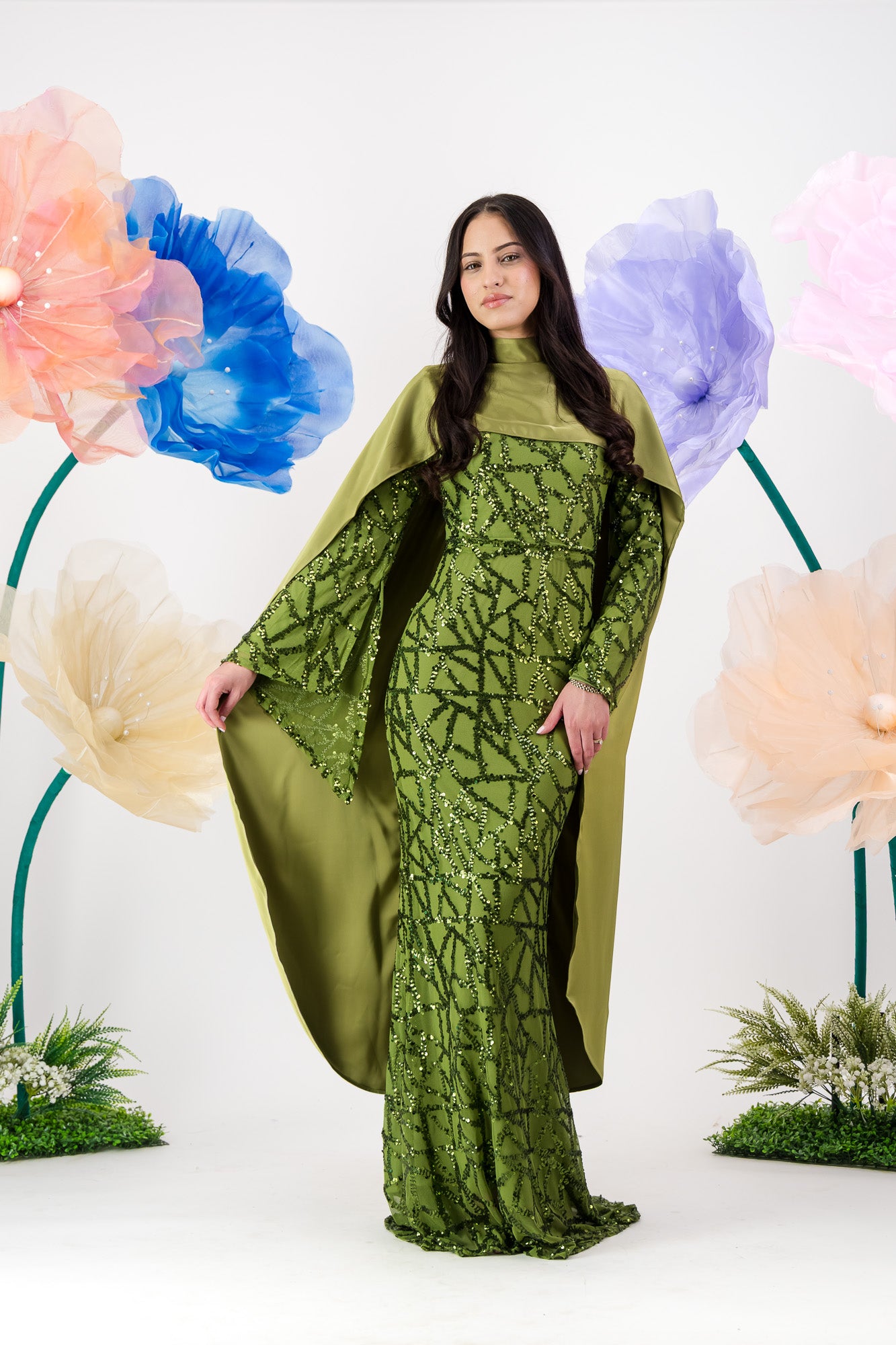 Siara Sequin Maxi Dress with cape - Pistachio