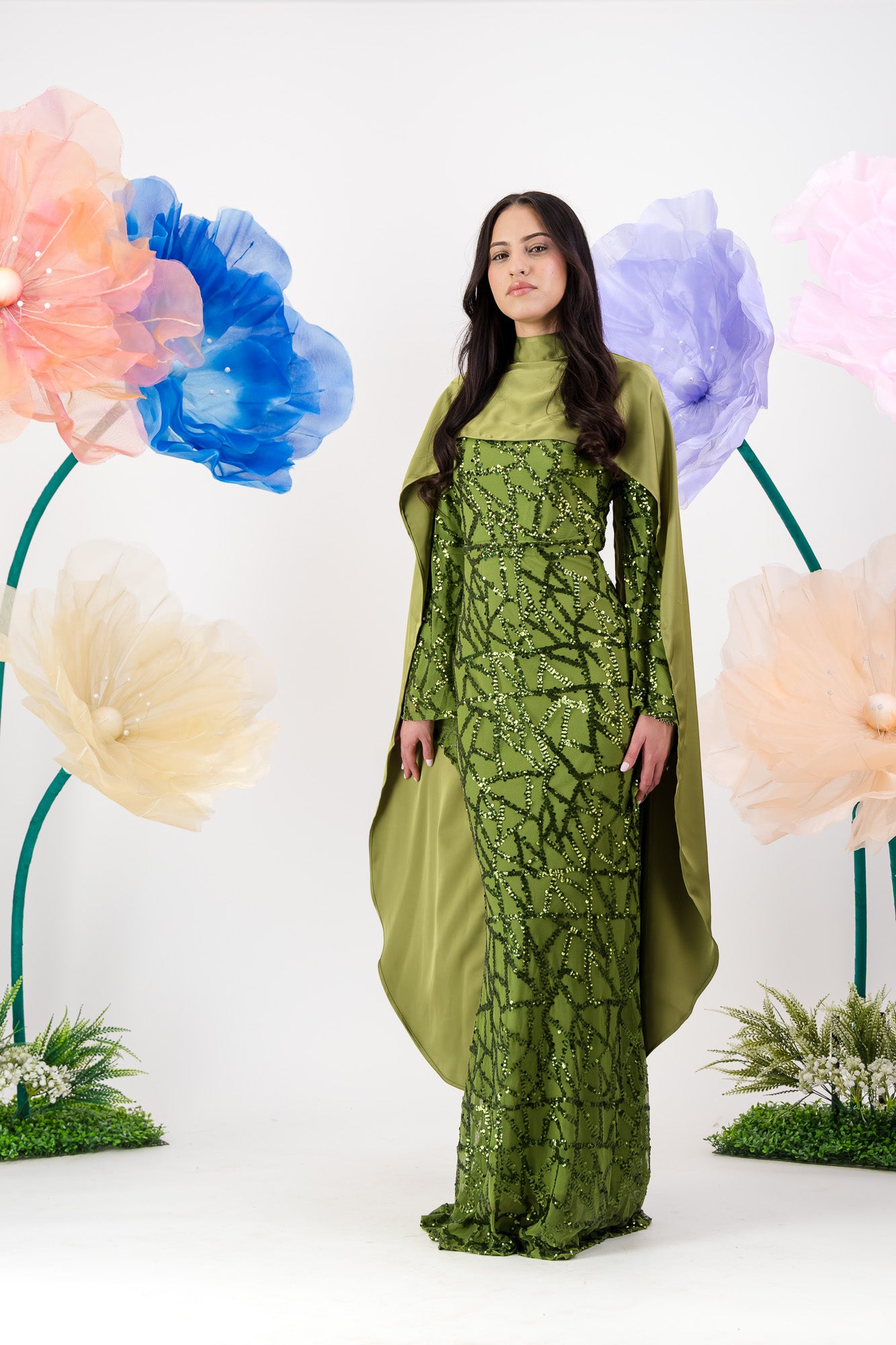 Siara Sequin Maxi Dress with cape - Pistachio