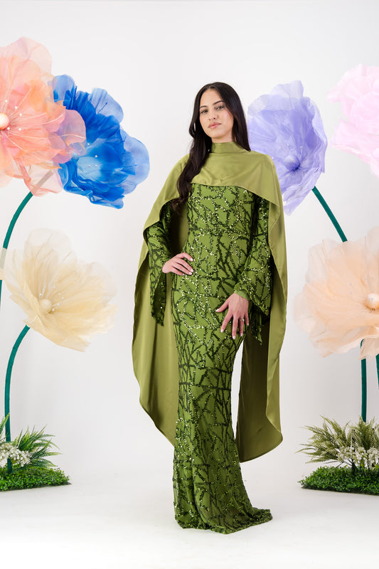 Siara Sequin Maxi Dress with cape - Pistachio