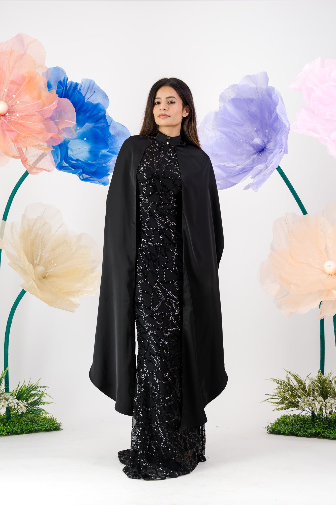 Siara Sequin Maxi with cape - Black Noir