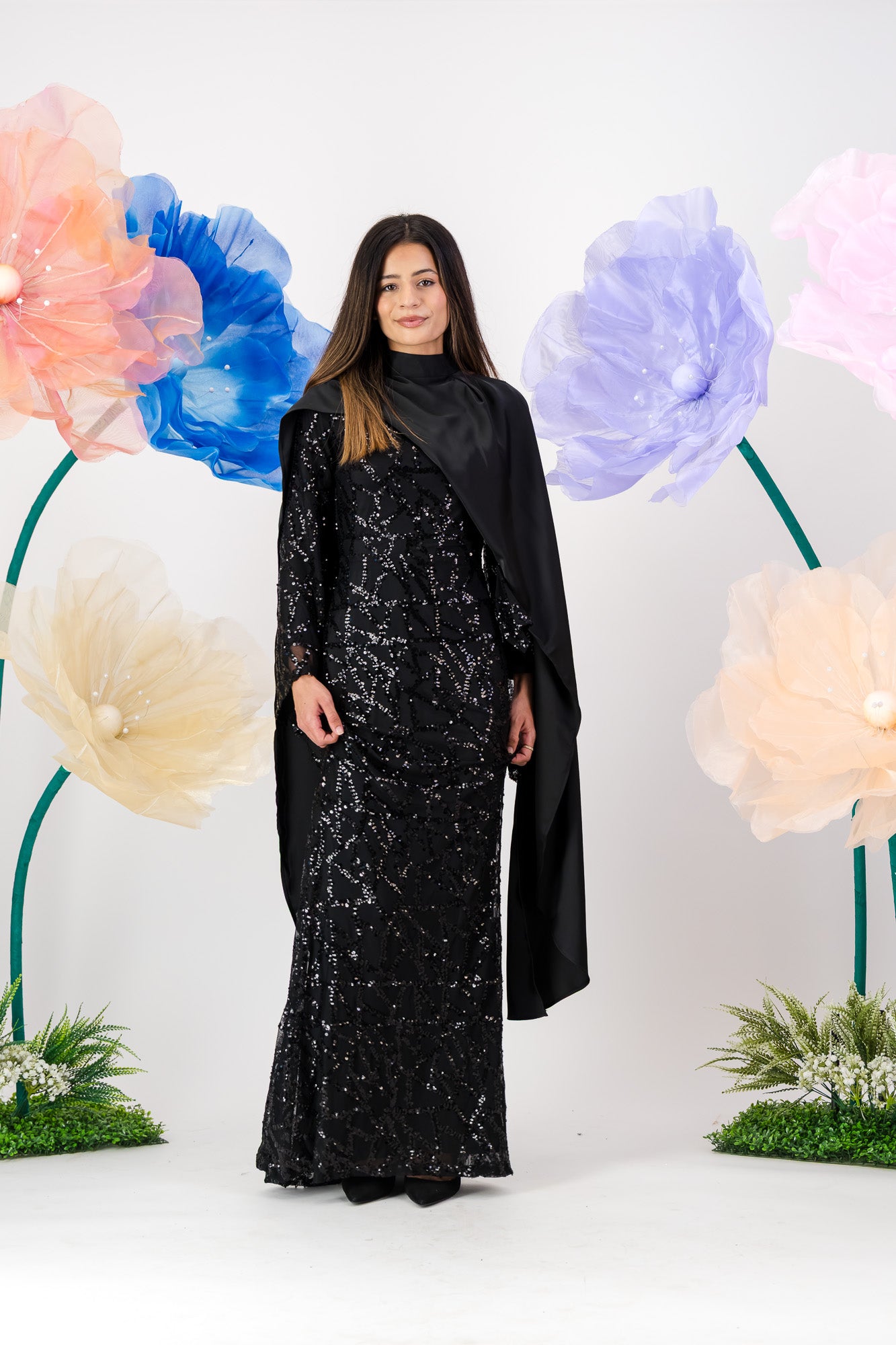 Siara Sequin Maxi with cape - Black Noir