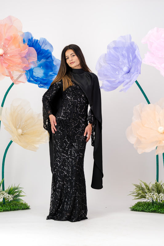 Siara Sequin Maxi with cape - Black Noir