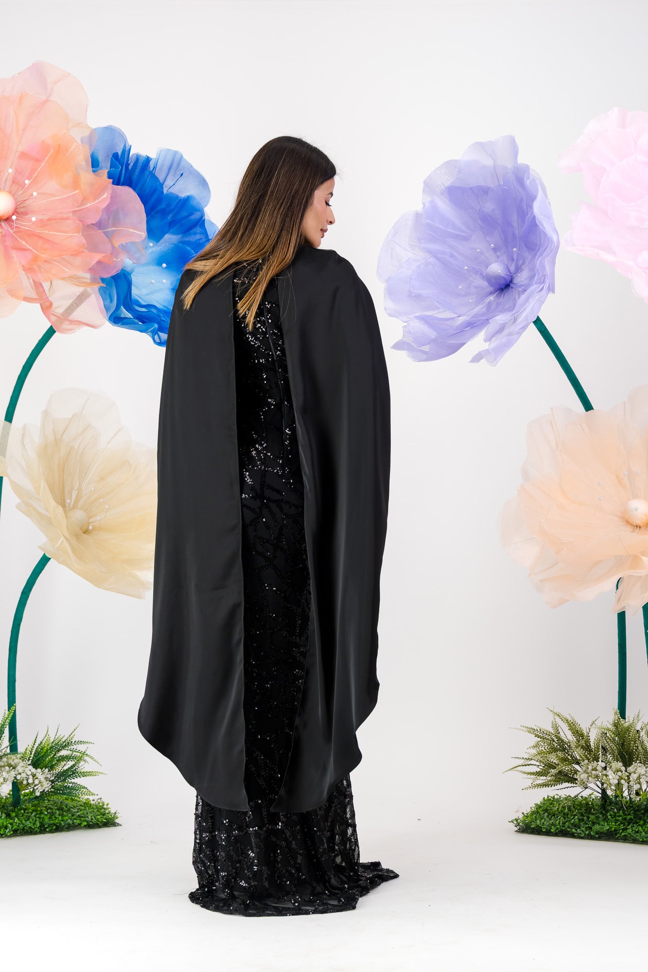 Siara Sequin Maxi with cape - Black Noir