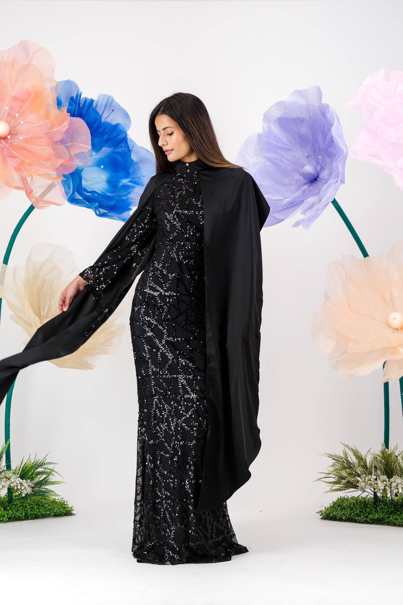 Siara Sequin Maxi with cape - Black Noir