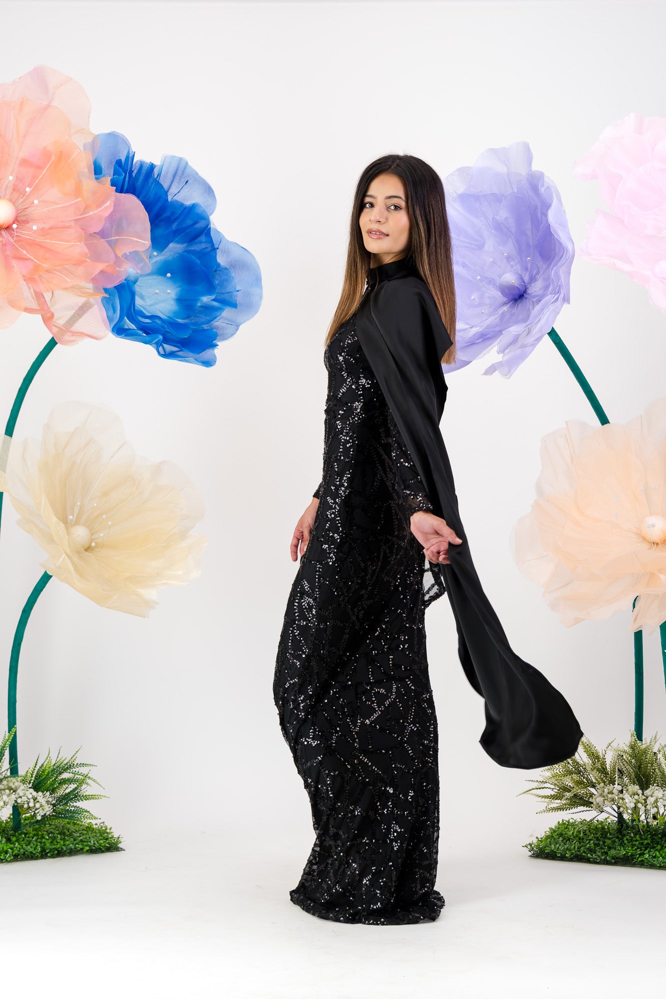 Siara Sequin Maxi with cape - Black Noir