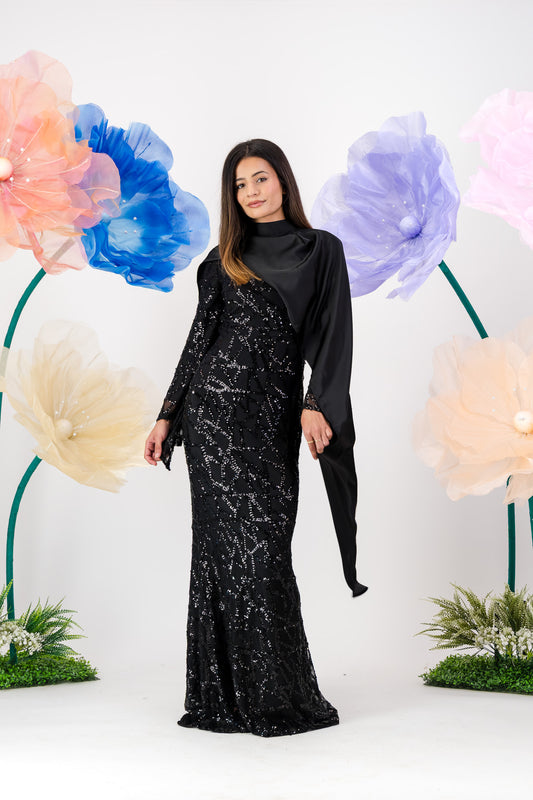 Siara Sequin Maxi with cape - Black Noir