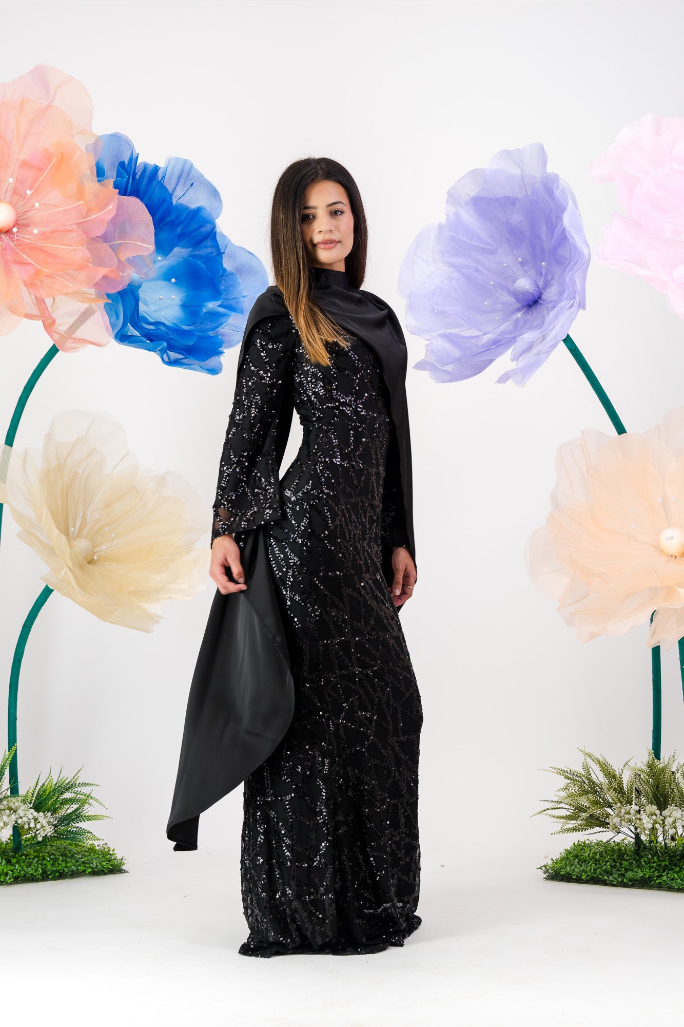 Siara Sequin Maxi with cape - Black Noir