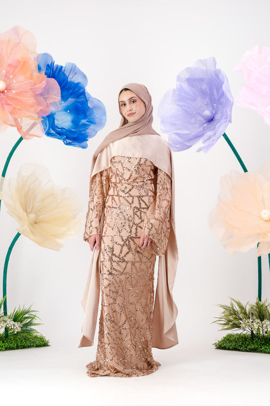 Siara Sequin Maxi with cape - Rose Gold