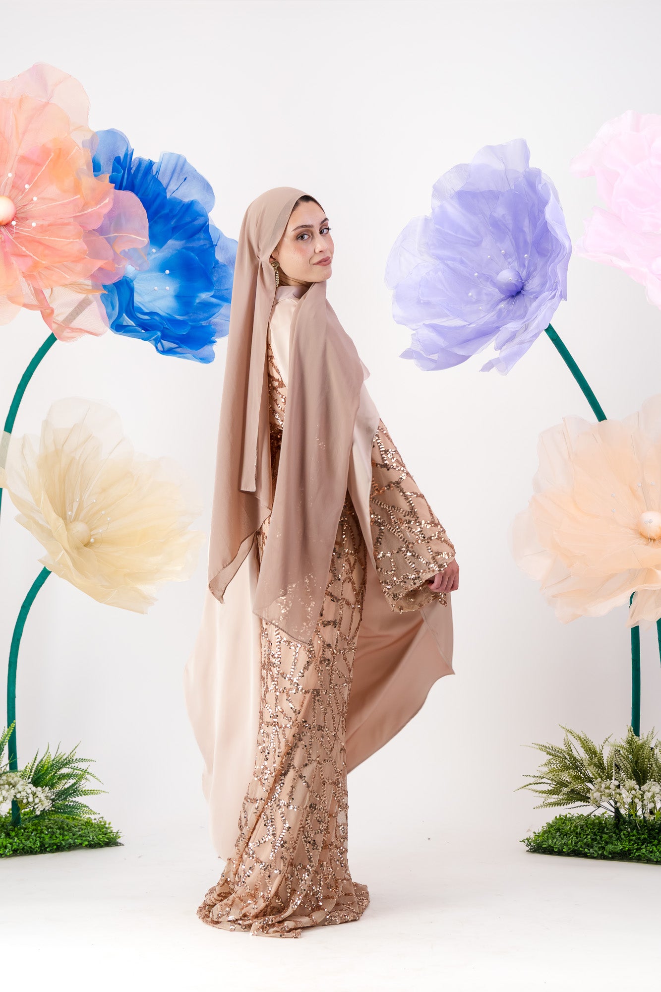 Siara Sequin Maxi with cape - Rose Gold