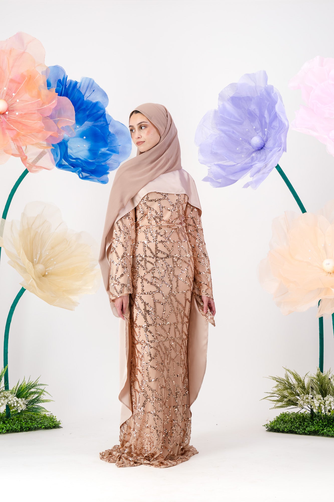 Siara Sequin Maxi with cape - Rose Gold