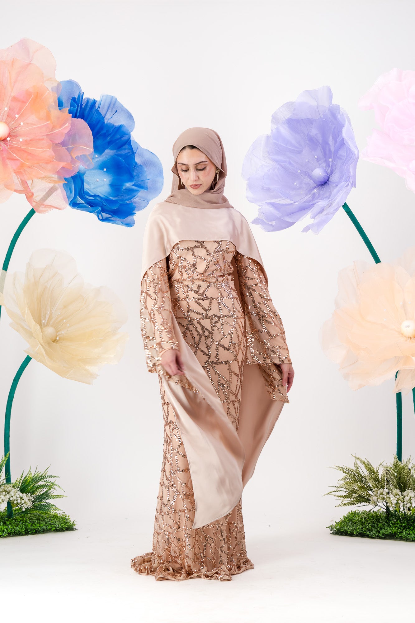 Siara Sequin Maxi with cape - Rose Gold