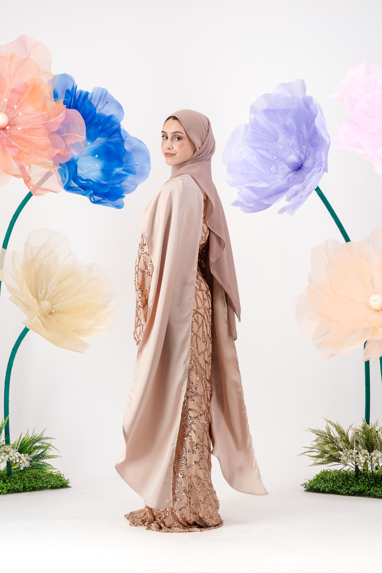 Siara Sequin Maxi with cape - Rose Gold