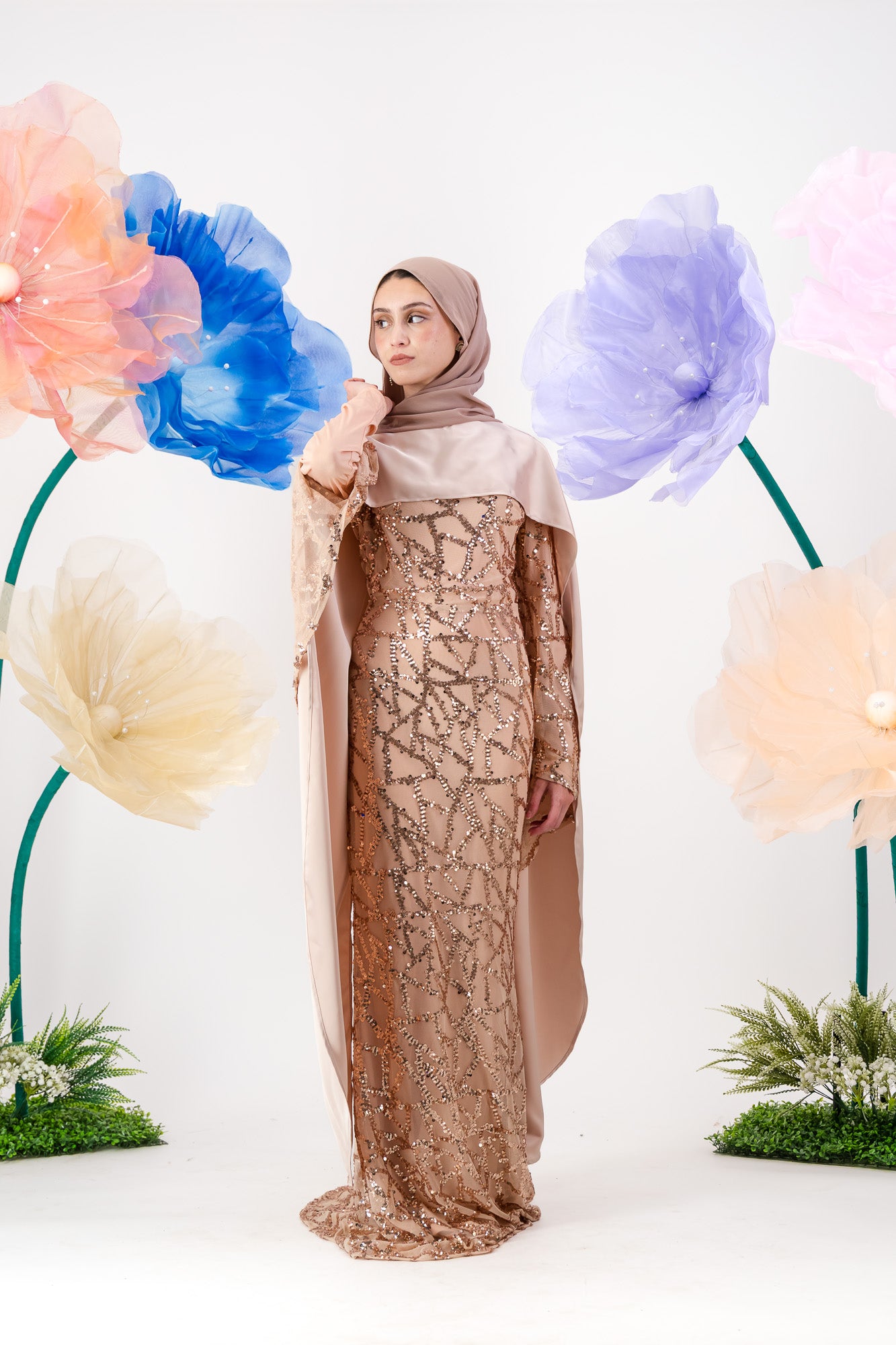 Siara Sequin Maxi with cape - Rose Gold
