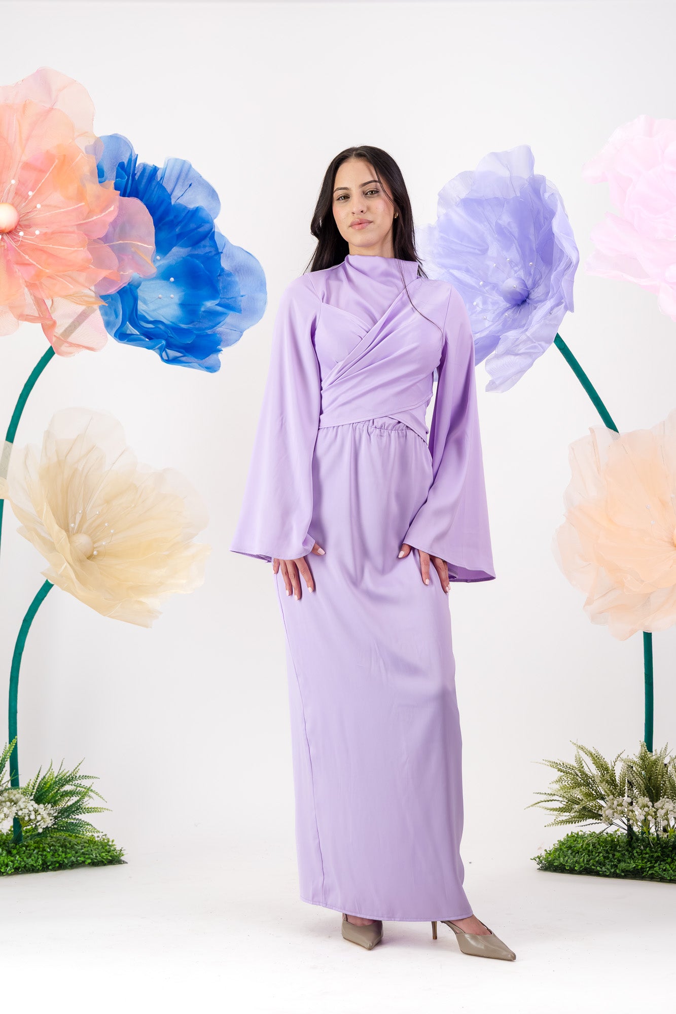 Sawsan Satin Maxi with funnel neck - Lavender
